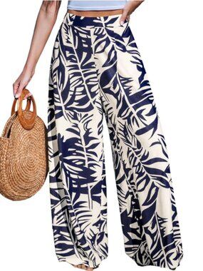 New Women's Boho Blue Tropical Floral Print Wide Leg Pants XL